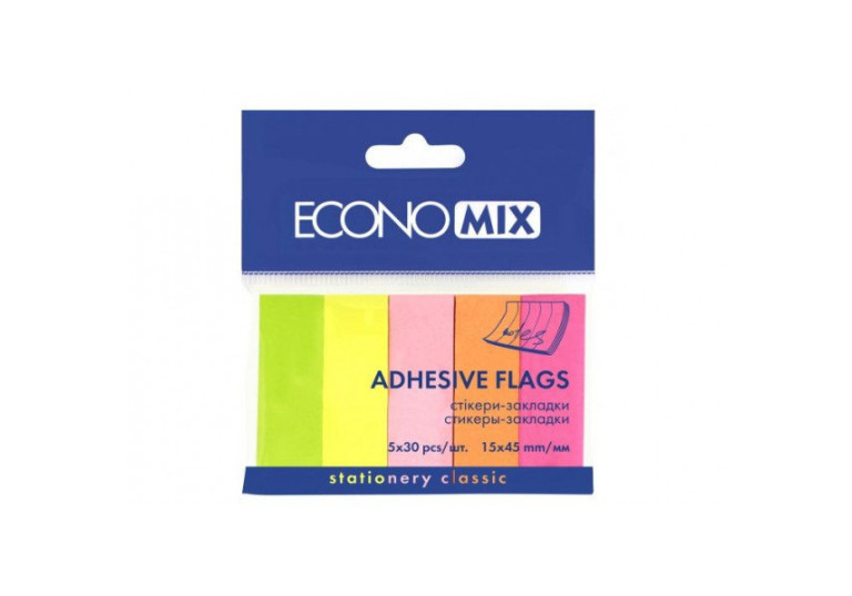 Закладки паперов Economix 15*45мм 5неонових кольорів 150штЕ20935 Закладки паперов Economix 15*45мм 5неонових кольорів 150штЕ20935